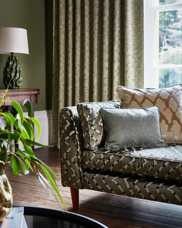 Escala Fabric - Dusk by brown geometric sofa with cushion and lamps