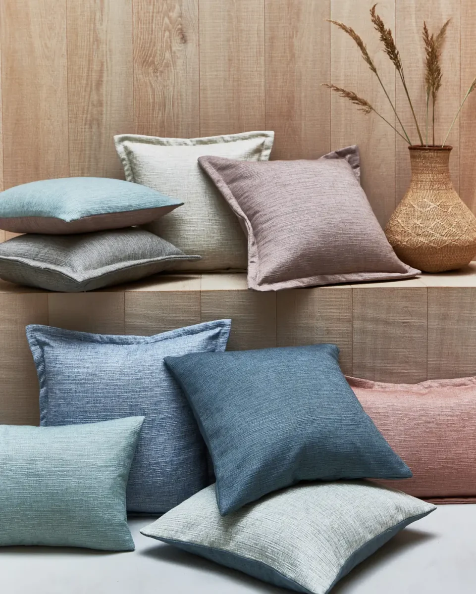 Java Fabric - Aqua by red plain cushion with sofa and vases