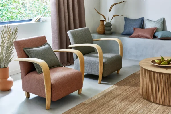 Java Fabric - Nile by red plain armchair with cushion and curtain