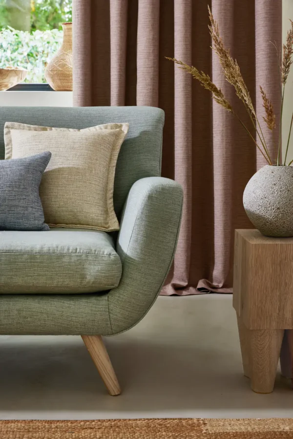 Java Fabric - Shell by neutral plain sofa with curtain and cushion