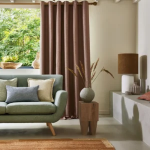 neutral plain sofa with curtain and cushion