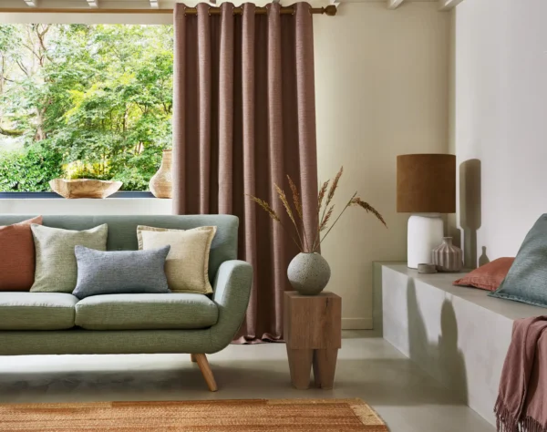Java Fabric - Shell by neutral plain sofa with curtain and cushion