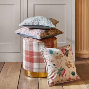 pink botanical curtain with pouf