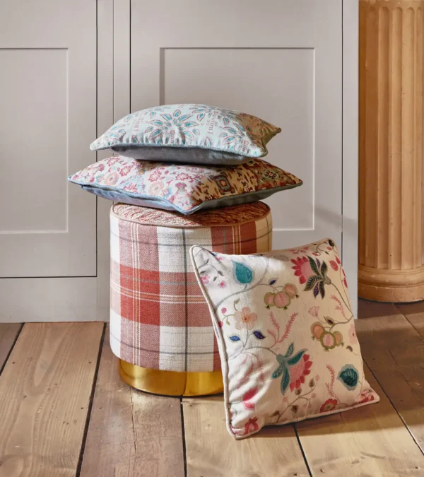 Esther Fabric - Lagoon by pink botanical curtain with pouf