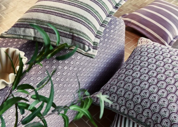 Chiara Fabric - Chambray by purple striped curtain with armchair and cushion
