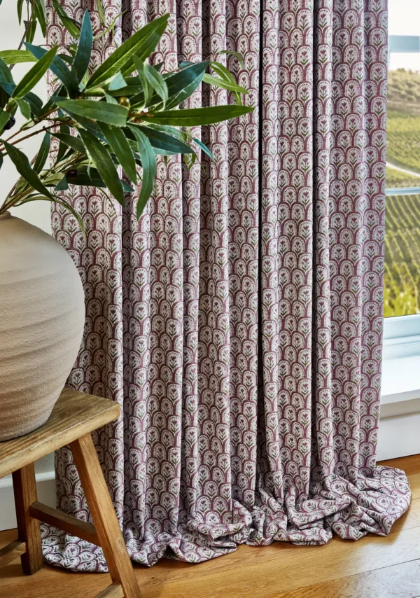 Bettina Fabric - Sienna by purple botanical curtain with plants