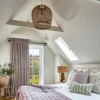 black-grey striped bed with cushion and curtain