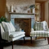 black-grey striped armchair with lamps and plants