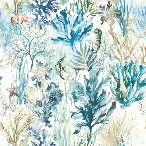 Oceana Wallpaper - Denim by Oceana Wallpaper from Clarke & Clarke Elements Wallpapers collection - blue botanical