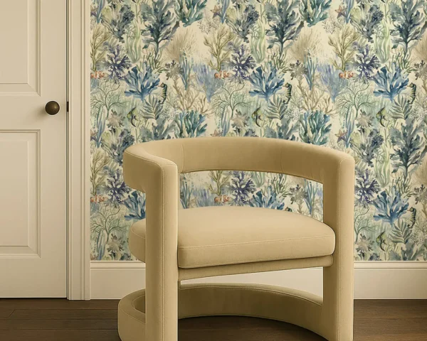 Oceana Wallpaper - Denim by Oceana Wallpaper from Clarke & Clarke Elements Wallpapers collection - blue botanical