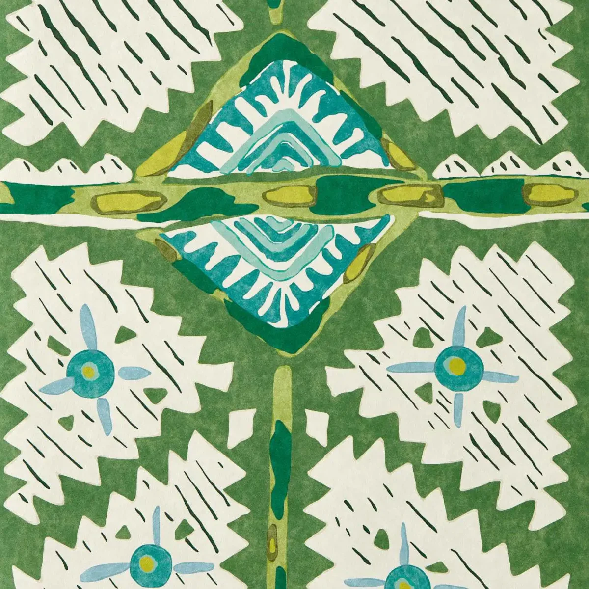 Brocha Wallpaper - Forest / Azul by Brocha Fabric from Harlequin Zamora Wallpapers collection - green geometric