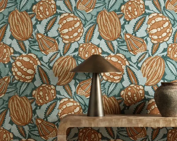 Zenith Wallpaper - Terracotta / Azul by Zenith Fabric from Harlequin Zamora Wallpapers collection - red botanical
