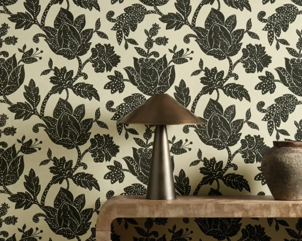 Zamora Wallpaper - Onyx by Zamora Fabric from Harlequin Zamora Wallpapers collection - black-grey botanical