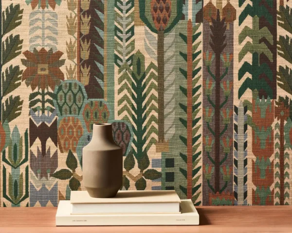Kuparr Wallpaper - Evergreen / Terracotta by Kuparr Fabric from Harlequin Zamora Wallpapers collection - green botanical