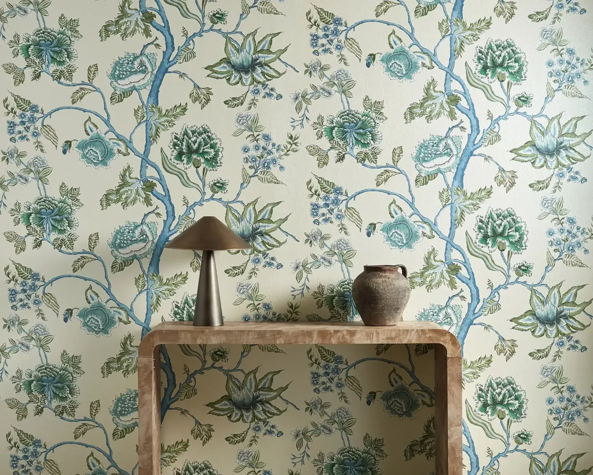 Indienne Wallpaper - Cornflower / Pine by Indienne Fabric from Harlequin Zamora Wallpapers collection - blue botanical