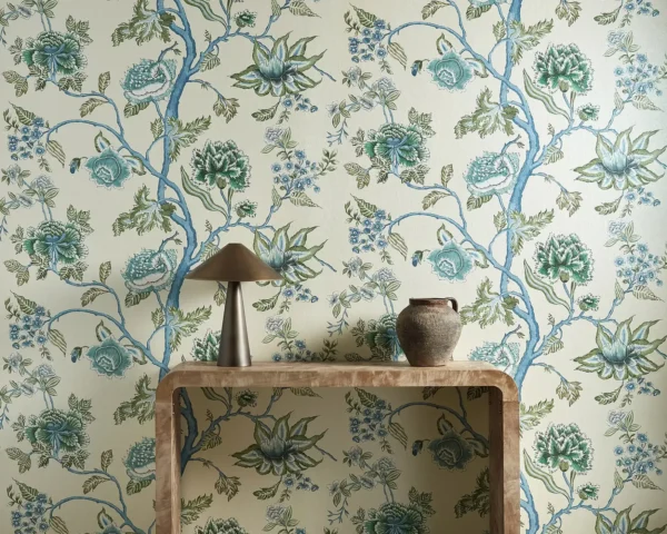 Indienne Wallpaper - Cornflower / Pine by Indienne Fabric from Harlequin Zamora Wallpapers collection - blue botanical