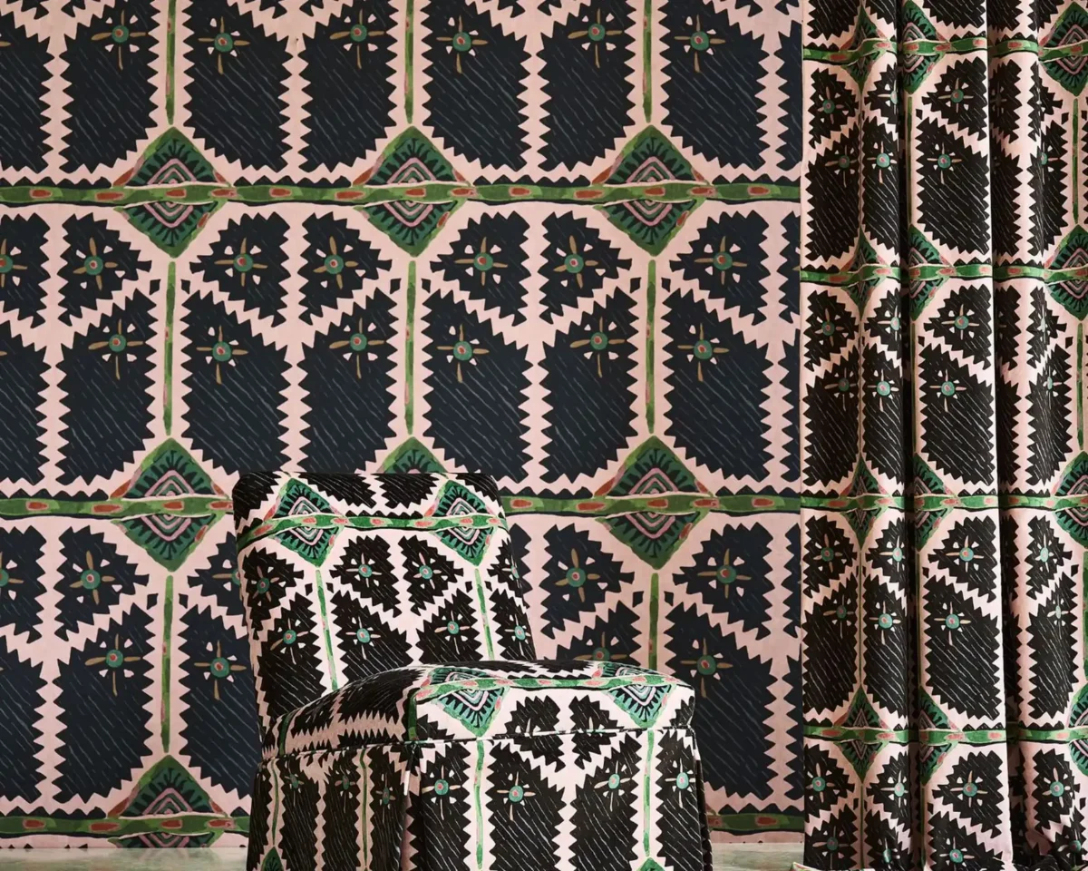 Brocha Wallpaper - Forest / Azul by Brocha Fabric from Harlequin Zamora Wallpapers collection - green geometric