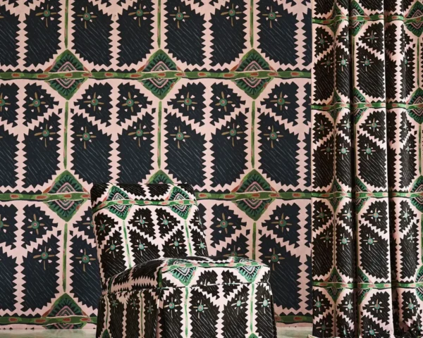 Brocha Wallpaper - Forest / Azul by Brocha Fabric from Harlequin Zamora Wallpapers collection - green geometric
