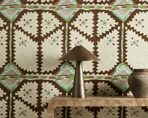 Brocha Wallpaper - Beechwood / Lagoon by Brocha Fabric from Harlequin Zamora Wallpapers collection - brown geometric