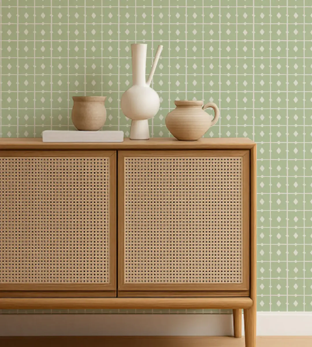 Tiles Wallpaper - Pea Green by Tiles Wallpaper from Scion Pomona Wallpapers collection - green checked