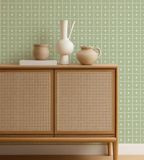Tiles Wallpaper - Pea Green by Tiles Wallpaper from Scion Pomona Wallpapers collection - green checked