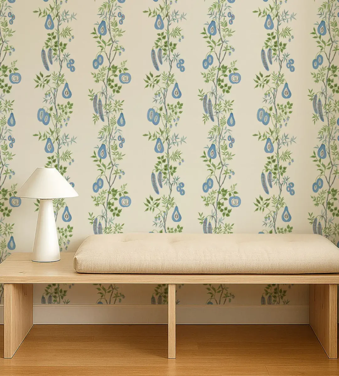 On The Vine Wallpaper - Cornflower Kelly Green by On The Vine Wallpaper from Scion Pomona Wallpapers collection - blue botanical