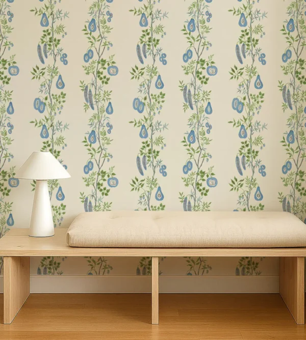 On The Vine Wallpaper - Cornflower Kelly Green by On The Vine Wallpaper from Scion Pomona Wallpapers collection - blue botanical