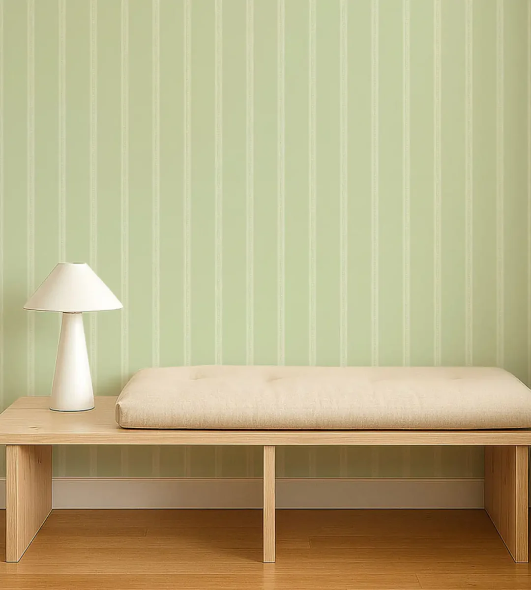 Harvest Stripe Wallpaper - Pea Green by Harvest Stripe Wallpaper from Scion Pomona Wallpapers collection - green striped