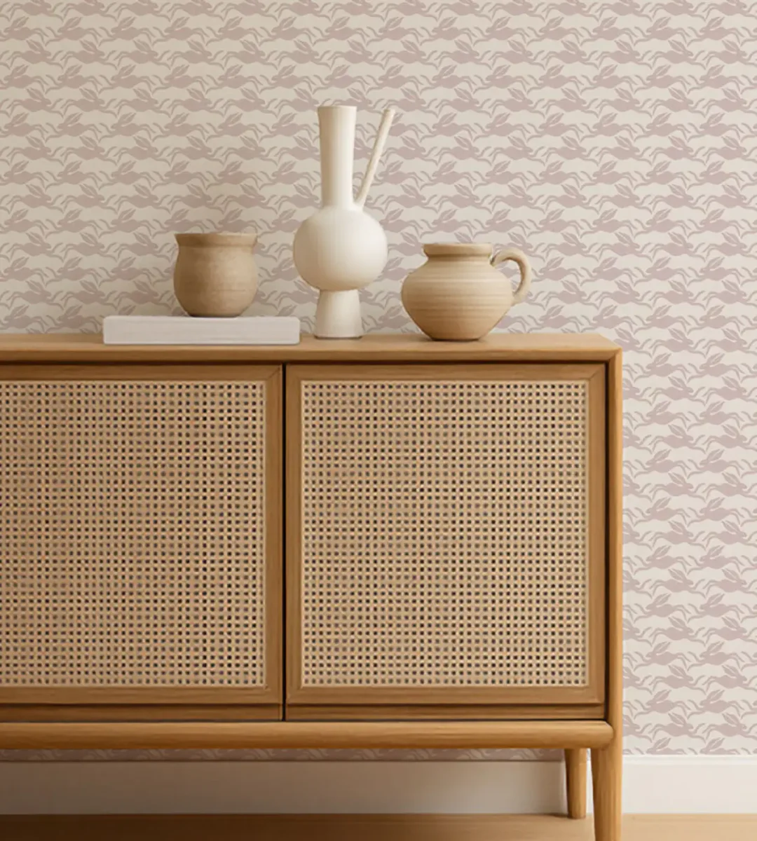 Hares Wallpaper - Lilac by Hares Wallpaper from Scion Pomona Wallpapers collection - pink animal