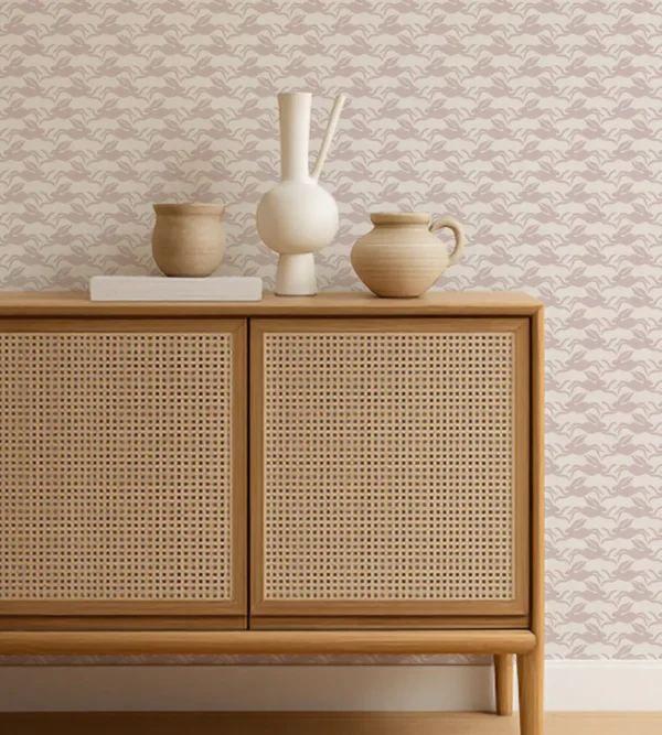 Hares Wallpaper - Lilac by Hares Wallpaper from Scion Pomona Wallpapers collection - pink animal