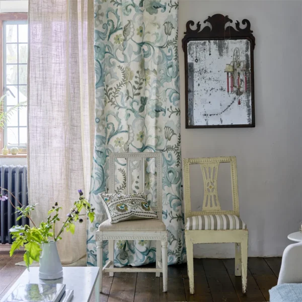 Osier Fabric - Damassé Eau De Nil by Osier Fabric from Designers Guild Palette Provencale collection - blue botanical linen