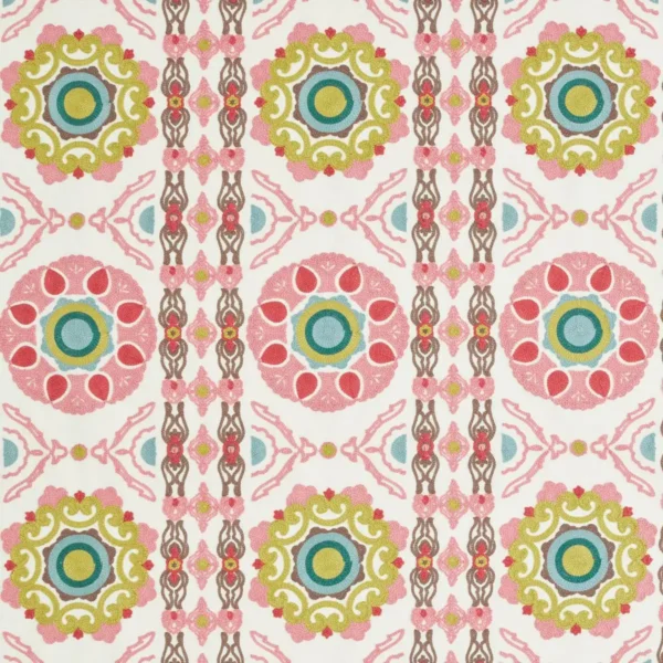 Indra Fabric - Carmine by Indra Fabric from iLiv Tree of Life collection - pink geometric embroideried