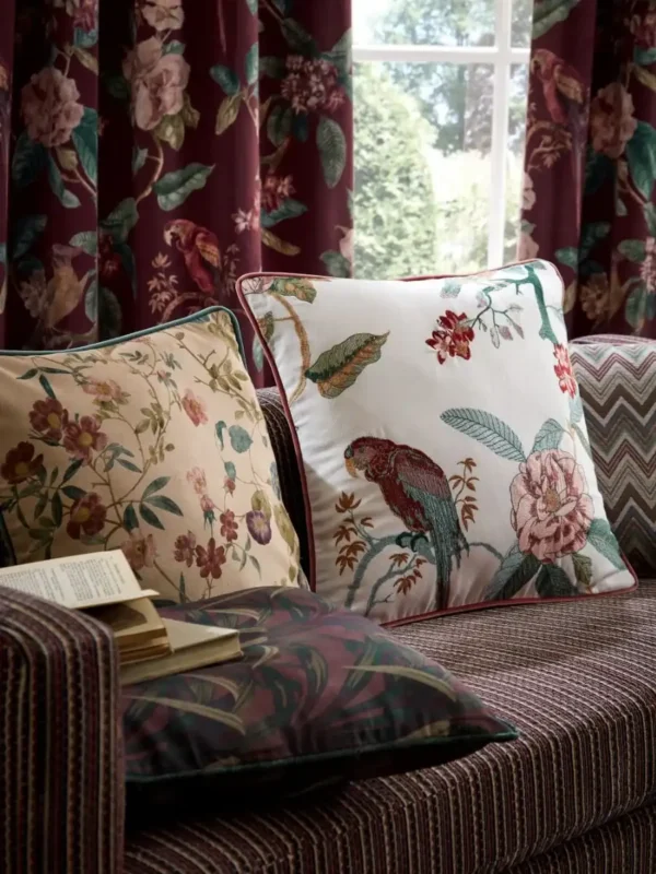 Birds of Paradise Fabric - Damson by Birds of Paradise Fabric from iLiv Tree of Life collection - red animal embroideried