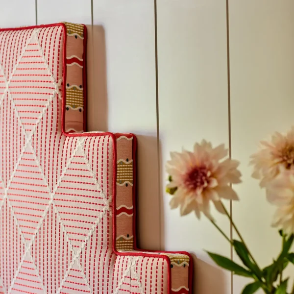 Oberon Fabric from Linwood Fabrics Titania collection - red geometric embroideried