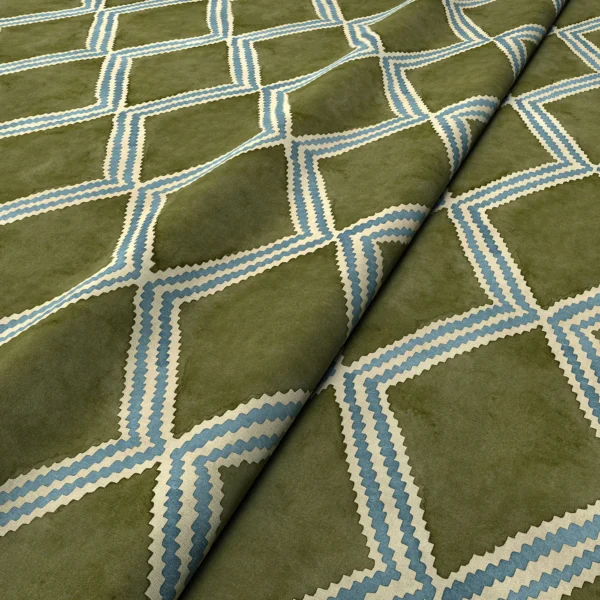 Inca Fabric - Mossy Well by Inca Fabric from Linwood Fabrics Inca collection - green geometric velvet-chenille