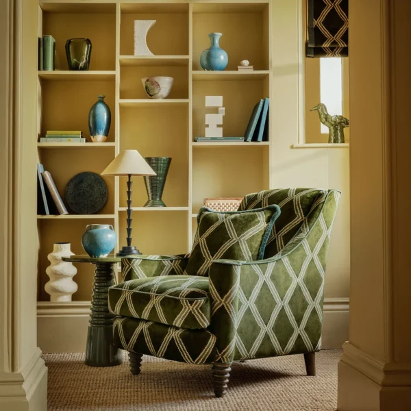 Inca Fabric - Mossy Well by Inca Fabric from Linwood Fabrics Inca collection - green geometric velvet-chenille