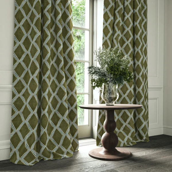 Inca Fabric - Mossy Well by Inca Fabric from Linwood Fabrics Inca collection - green geometric velvet-chenille