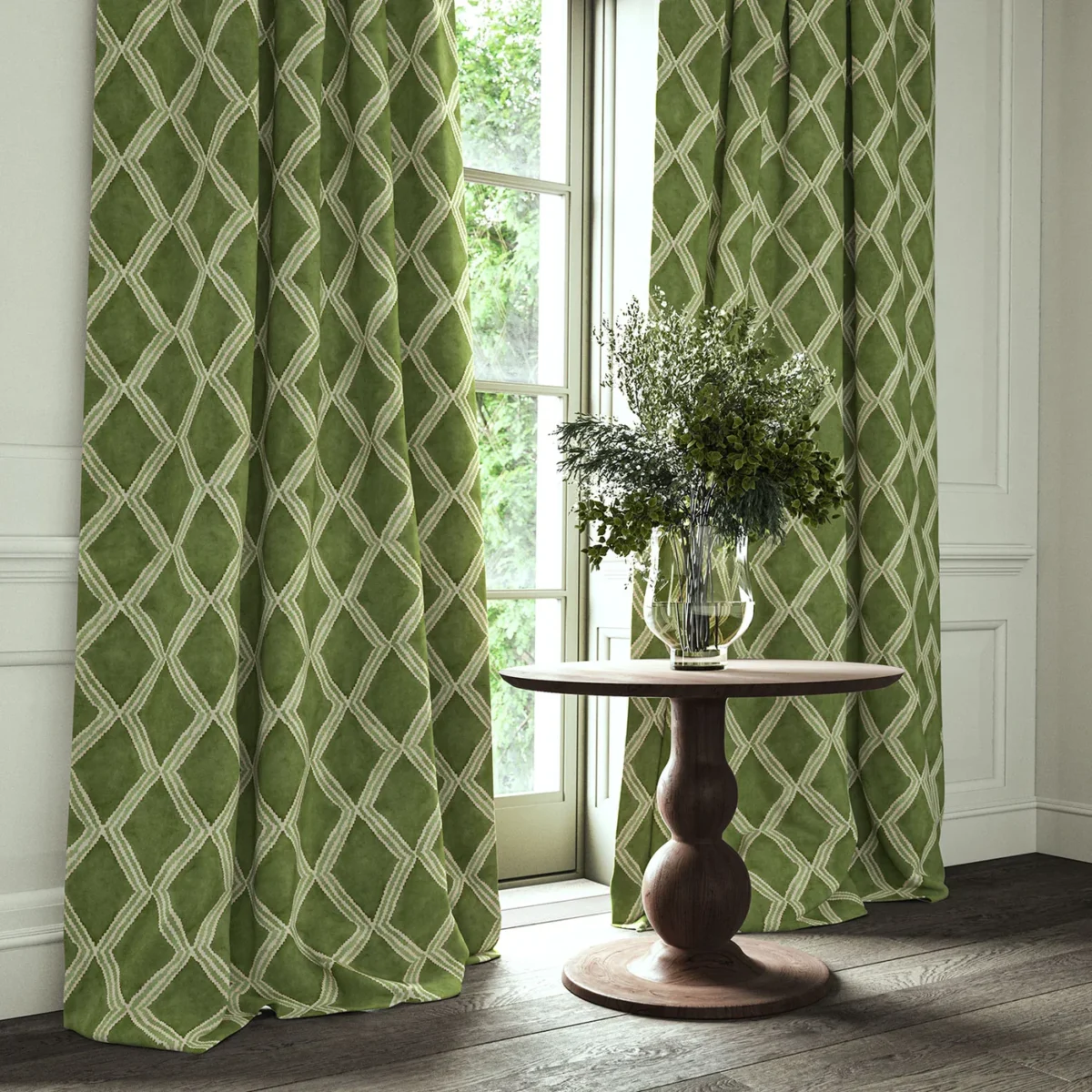 Inca Fabric from Linwood Fabrics Inca collection - green geometric velvet-chenille