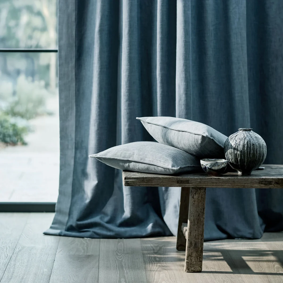 Pluto Fabric - Cobalt by Pluto Fabric from Linwood Fabrics Pluto collection - black-grey plain woven