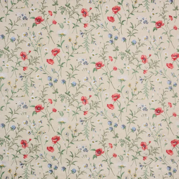 Snowshill Meadow Fabric - Poppy / Blue / Green by Snowshill Meadow Fabric from Osborne & Little Bourton collection - red botanical embroideried
