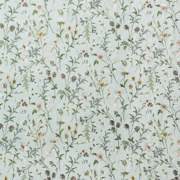 Snowshill Meadow Fabric - Aqua / Yellow / Taupe by Snowshill Meadow Fabric from Osborne & Little Bourton collection - blue botanical embroideried