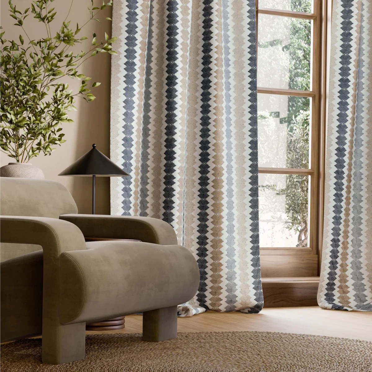 Kalimba Fabric - Stone / Indigo / Pebble by Kalimba Fabric from Harlequin Signature collection - blue striped embroideried