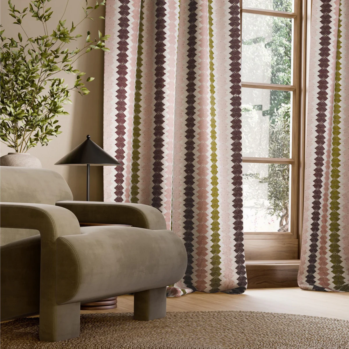 Kalimba Fabric - Positano / Juniper / Julip by Kalimba Fabric from Harlequin Signature collection - pink striped embroideried