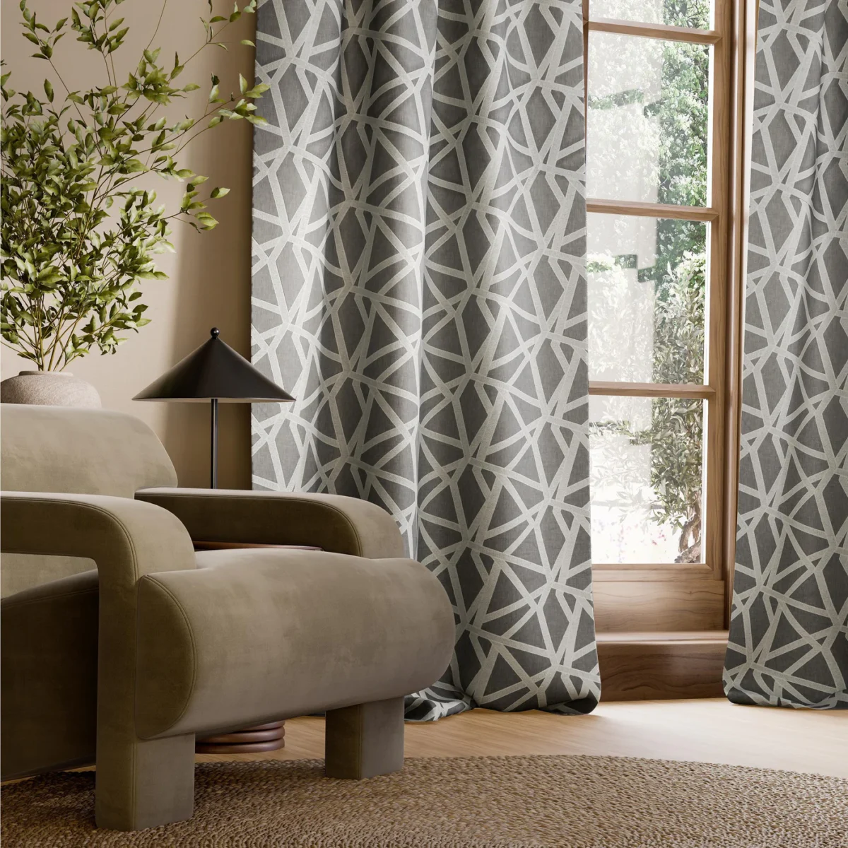 Sumi Embroidery Fabric - Fog by Sumi Embroidery Fabric from Harlequin Signature collection - black-grey geometric embroideried