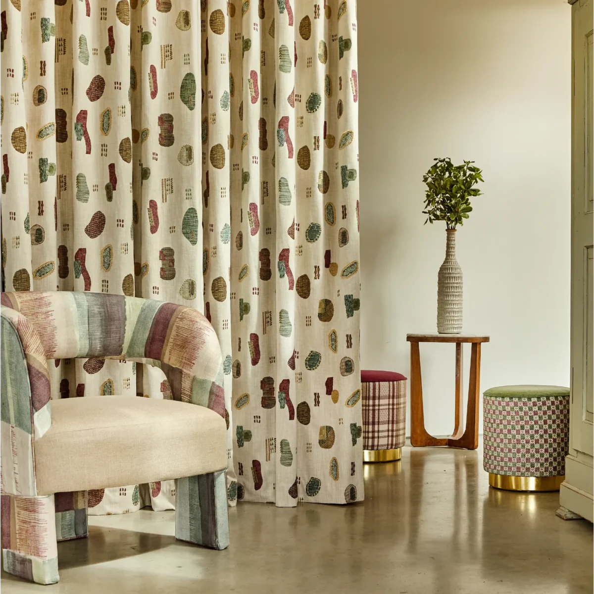 Eugene Fabric - Cinnamon by Irene Fabric from Prestigious Textiles Revival collection - multicolour spotted embroideried