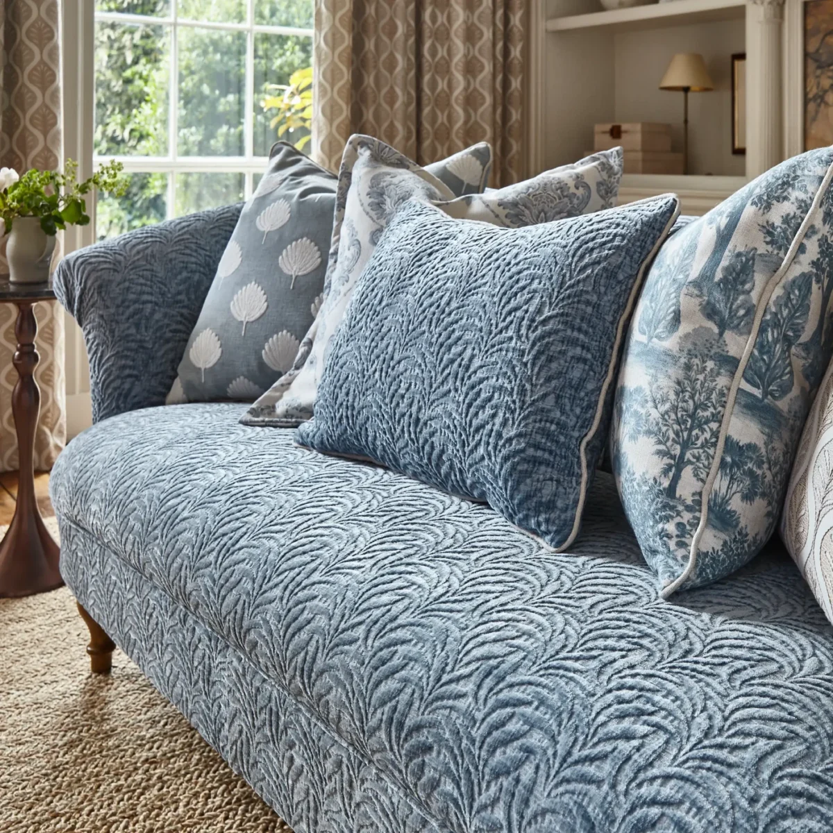 Casini Fabric - Antique by Tavola Fabric from Prestigious Textiles Florence collection - blue spotted embroideried