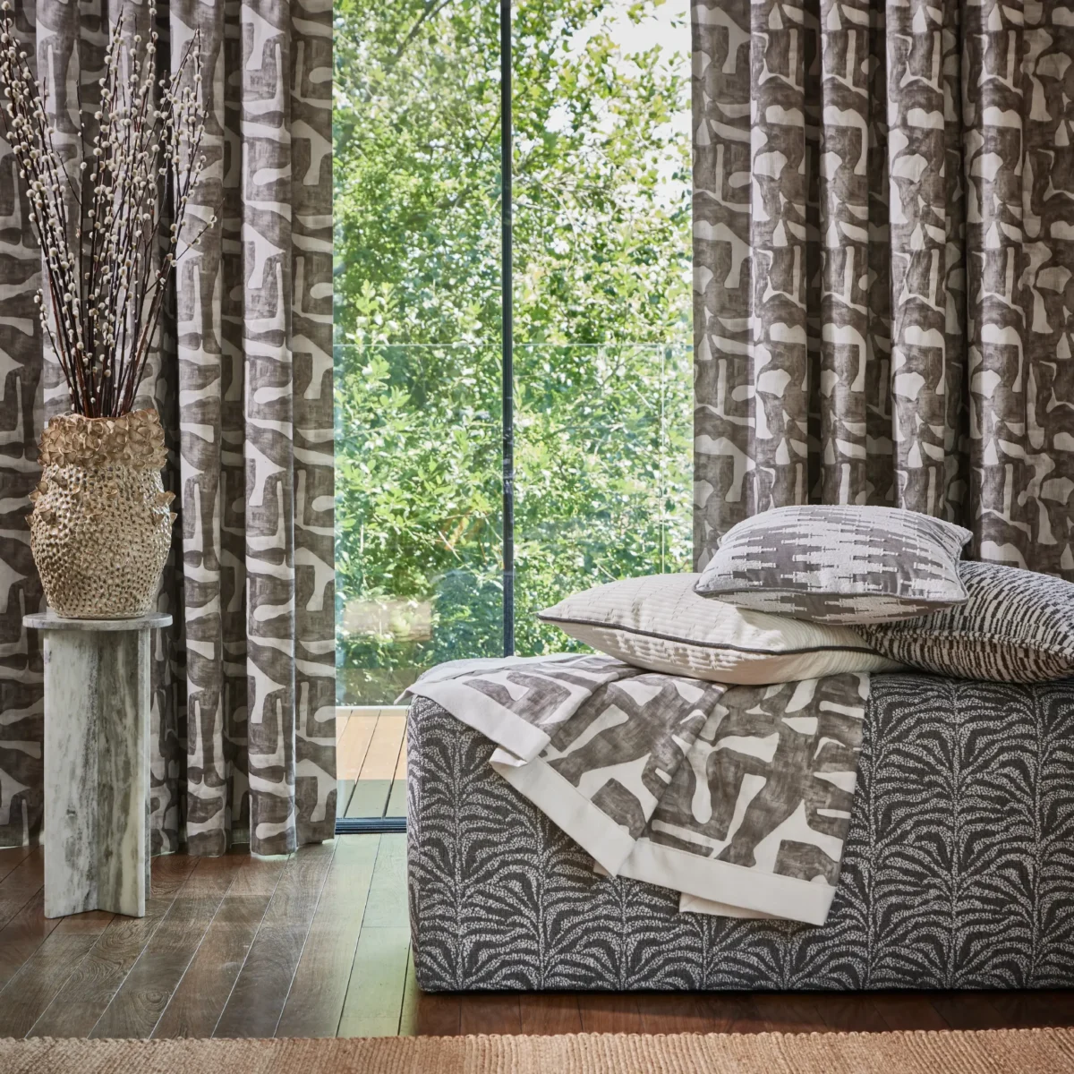 Latimer Fabric - Feather by Magellan Fabric from Prestigious Textiles Pioneer collection - black-grey contemporary printed