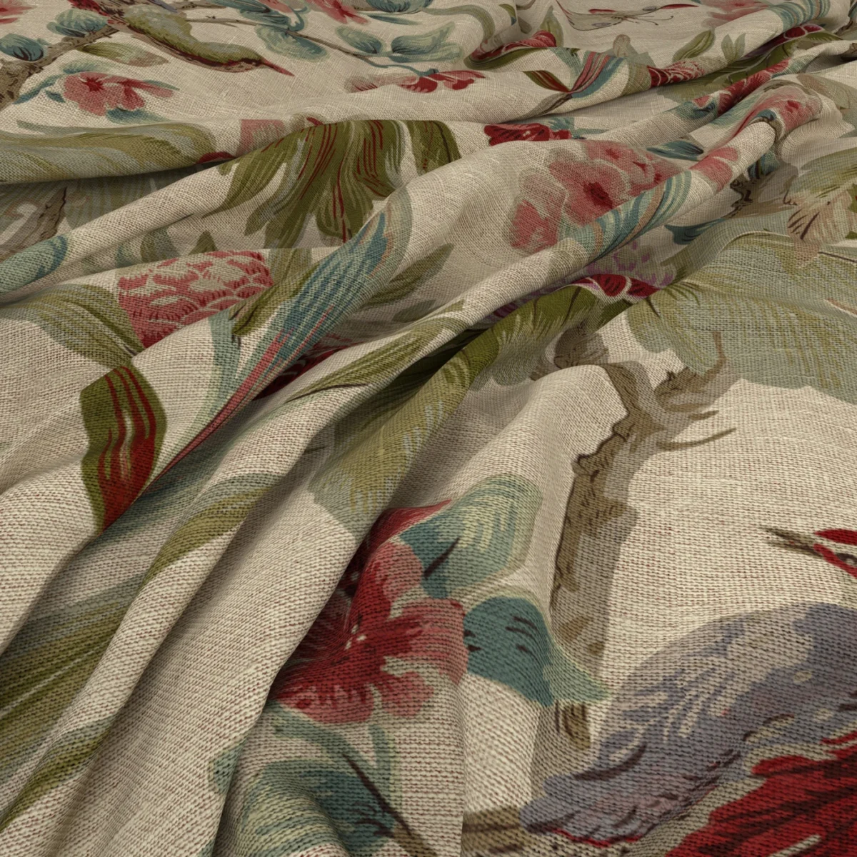 Bird & Blossom Fabric - Antique by Bird & Blossom Fabric from Warwick Archive Prints collection - red botanical printed