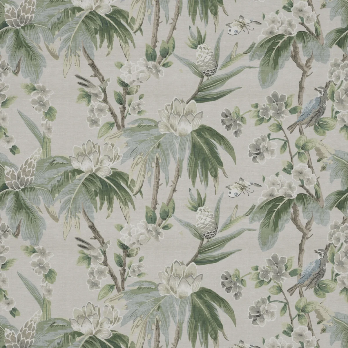 Bird & Blossom Fabric - Eau De Nil by Bird & Blossom Fabric from Warwick Archive Prints collection - blue botanical printed