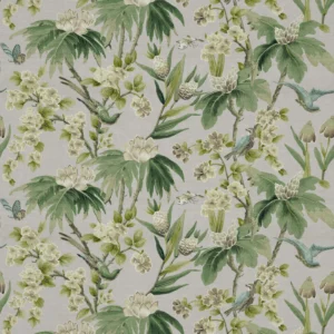 Bird & Blossom Fabric from Warwick Archive Prints collection - green botanical printed